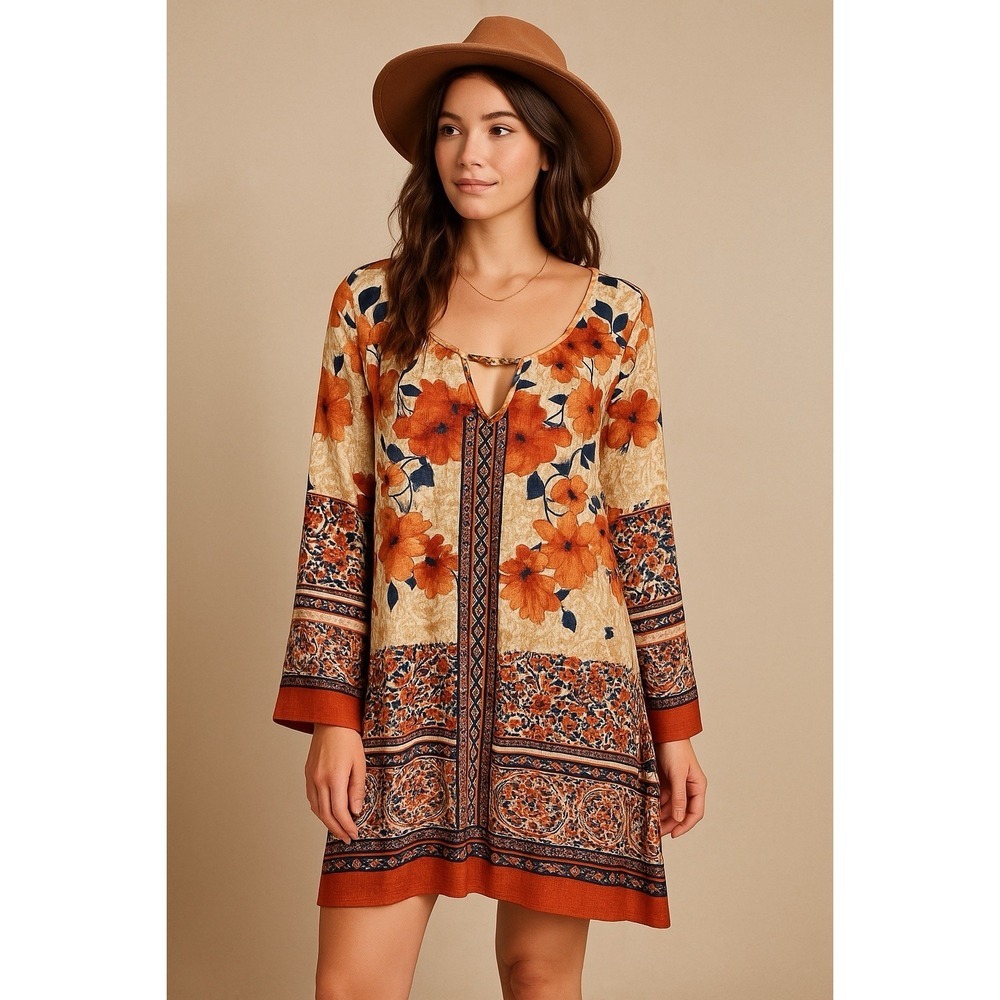 one world Womens Tunic Dress Size M rust colored floral long sleeve‎ Bohemian